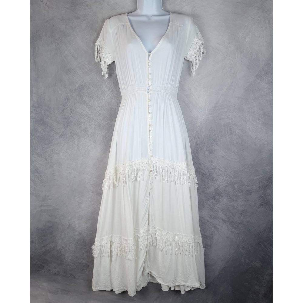 Jaase Dress Womens XS White Boho Maxi Button Front Smocked Tassel Fringe